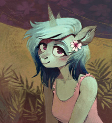 Size: 1368x1500 | Tagged: safe, artist:dearmary, imported from derpibooru, oc, oc only, anthro, unicorn, anthro oc, blushing, bust, clothes, female, flower, flower in hair, looking at you, mare, plants, portrait, solo, unicorn oc