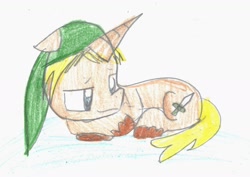 Size: 1728x1220 | Tagged: safe, artist:eeveelutionlova, artist:princessmuffinart, imported from derpibooru, pony, unicorn, link, lying down, nintendo, old art, solo, the legend of zelda, young link
