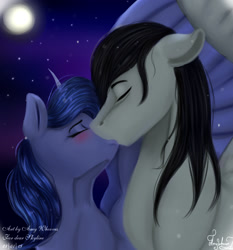 Size: 1600x1720 | Tagged: safe, artist:amywhooves, imported from derpibooru, princess luna, oc, oc:skyline, alicorn, pegasus, pony, canon x oc, commission, duo, eyes closed, female, kiss on the lips, kissing, male, mare, pegasus oc, stallion