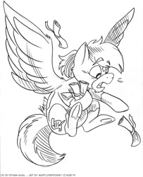 Size: 810x1000 | Tagged: safe, artist:kaemantis, imported from derpibooru, oc, pegasus, pony, flying, lineart, male, scroll, stallion