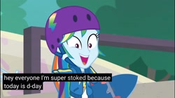 Size: 2569x1440 | Tagged: safe, edit, edited screencap, imported from derpibooru, screencap, rainbow dash, equestria girls, equestria girls series, sic skateboard, spoiler:eqg series (season 2), caption, d-day, female, helmet, history, meme, skateboard, solo, world war ii, youtube caption