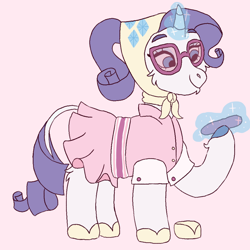 Size: 1000x1000 | Tagged: safe, artist:sodaaz, imported from derpibooru, rarity, classical unicorn, pony, unicorn, sleepless in ponyville, alternate hairstyle, bonnet, cheek fluff, chin fluff, clothes, cloven hooves, curved horn, cute, dress, eyebrows, eyelashes, female, glasses, glowing horn, headscarf, hoof fluff, horn, leg fluff, leonine tail, levitation, magic, mare, nail file, no catchlights, outfit catalog, pink background, ponytail, raised hoof, raribetes, scarf, shoes, simple background, smiling, solo, telekinesis, unshorn fetlocks, white background