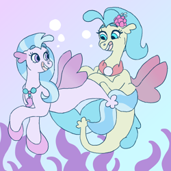 Size: 1000x1000 | Tagged: safe, artist:sodaaz, imported from derpibooru, princess skystar, silverstream, seapony (g4), my little pony: the movie, bubble, clothes, cousins, cute, daaaaaaaaaaaw, dawwww, diastreamies, duo, eyebrows, eyelashes, female, jewelry, necklace, no catchlights, open mouth, seapony silverstream, skyabetes, smiling, swimming, underwater