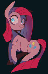 Size: 1264x1920 | Tagged: safe, artist:setoya, imported from derpibooru, pinkie pie, earth pony, pony, black background, chromatic aberration, creepy, female, looking at you, mare, pinkamena diane pie, shrunken pupils, simple background, smiling, solo