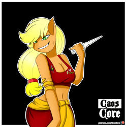 Size: 4000x4000 | Tagged: safe, artist:caoscore, imported from derpibooru, applejack, anthro, earth pony, armlet, belly button, black background, breasts, busty applejack, cleavage, clothes, engineer, engineering, evil applejack, evil grin, female, grin, jewelry, knife, medal, midriff, mirror mirror, mirror mirror (star trek), mirror universe, patreon, patreon logo, redshirt, sash, scar, simple background, smiling, sports bra, star trek, star trek (tos), terran empire