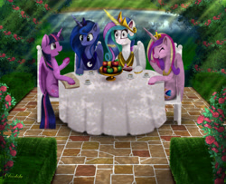 Size: 7680x6240 | Tagged: safe, artist:darksly, imported from derpibooru, princess cadance, princess celestia, princess luna, twilight sparkle, alicorn, pony, absurd resolution, alicorn tetrarchy, bush, cake, chair, cup, dessert, eyes closed, food, giggling, levitation, magic, open mouth, plate, pond, sisters-in-law, sitting, table, telekinesis, true love princesses, twilight sparkle (alicorn), water