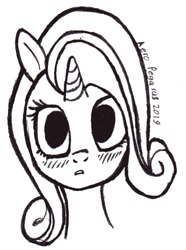 Size: 590x792 | Tagged: safe, artist:aeropegasus, imported from derpibooru, rarity, pony, unicorn, black and white, blushing, female, grayscale, looking at you, monochrome, signature, simple background, solo, surprised, traditional art, white background, wide eyes