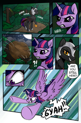 Size: 1243x1877 | Tagged: safe, artist:candyclumsy, artist:nancy-05, imported from derpibooru, twilight sparkle, oc, oc:fallenlight, alicorn, comic:curse and madness, angry, armor, boulder, comic, everfree forest, female, flying, forest, helmet, hoof shoes, imminent doom, jewelry, mare, mlpcam, moon, necklace, night, sky, stars, text, text bubbles, tree, twilight sparkle (alicorn), wings