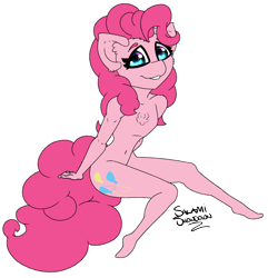 Size: 2120x2200 | Tagged: safe, artist:salamishowdown, imported from derpibooru, pinkie pie, anthro, plantigrade anthro, breastless female, chibi, female, looking at you, simple background, smiling, solo