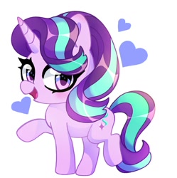 Size: 1018x1024 | Tagged: safe, artist:techycutie, imported from derpibooru, starlight glimmer, pony, unicorn, chibi, cute, female, glimmerbetes, heart, looking at you, mare, open mouth, raised hoof, smiling, solo