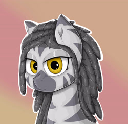 Size: 4265x4152 | Tagged: safe, artist:waffletheheadmare, imported from derpibooru, oc, oc only, oc:indikashigo, zebra, absurd resolution, bust, dreadlocks, eyelashes, eyeshadows, female, gray coat, gray mane, half-closed eyes, mare, multicolored coat, orange eyes, portrait, simple background, stripes