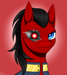 Size: 2073x2310 | Tagged: safe, artist:shkura2011, imported from derpibooru, oc, oc only, oc:red eye, cyborg, pony, fallout equestria, bust, looking at you, portrait, prosthetic eye, red and black oc, solo