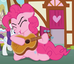 Size: 991x855 | Tagged: safe, imported from derpibooru, screencap, pinkie pie, rarity, earth pony, pony, unicorn, honest apple, cropped, eyes closed, female, floppy ears, guitar, mare, musical instrument, open mouth, power slide, sliding, solo focus