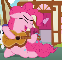 Size: 920x890 | Tagged: safe, imported from derpibooru, screencap, pinkie pie, rarity, earth pony, pony, unicorn, honest apple, cropped, eyes closed, female, floppy ears, guitar, mare, musical instrument, open mouth, power slide, smiling, solo focus