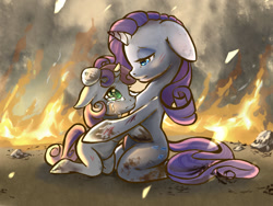 Size: 1024x768 | Tagged: safe, artist:breaksfast, imported from derpibooru, rarity, sweetie belle, pony, unicorn, anatomically incorrect, comforting, crying, dirty, duo, duo female, female, filly, fire, floppy ears, hug, incorrect leg anatomy, looking at each other, mare, scratches