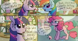 Size: 1228x650 | Tagged: safe, artist:archive-alicorn, artist:gwennie-chan, artist:inspiration1413, artist:lightf4lls, imported from derpibooru, pinkie pie, rainbow dash, twilight sparkle, alicorn, earth pony, pegasus, pony, comic, ear fluff, eye contact, female, floppy ears, frown, funny, lidded eyes, literal, looking at each other, mare, modular, pun, speech bubble, unamused, visual pun, worried