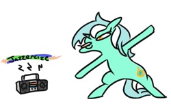 Size: 587x365 | Tagged: safe, artist:jargon scott, imported from derpibooru, lyra heartstrings, pony, unicorn, bipedal, boombox, dancing, descriptive noise, female, jazzercise, mare, simple background, solo, white background