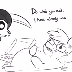 Size: 1650x1650 | Tagged: safe, artist:tjpones, imported from derpibooru, oc, oc:tjpones, earth pony, pony, dialogue, duo, ear fluff, fat, food, glasses, good end, grim reaper, lineart, lying down, male, meme, on back, ponified animal photo, scythe, simple background, stallion, this will end in death, white background