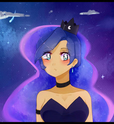 Size: 2034x2220 | Tagged: safe, artist:emily-826, imported from derpibooru, princess luna, human, bare shoulders, bust, female, humanized, night, portrait, sleeveless, solo, strapless