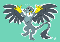 Size: 1280x898 | Tagged: safe, artist:jokerpony, imported from derpibooru, gabby, griffon, bipedal, blue background, cute, excited, female, gabbybetes, open mouth, paws, simple background, solo