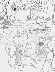 Size: 1700x2200 | Tagged: safe, artist:tenebrousmelancholy, imported from derpibooru, rainbow dash, rarity, anthro, angry, breasts, cleavage, comb, hypnosis, hypnotized, laughing, male, messy mane, pendulum, pendulum swing, stallion, tomboy, walking