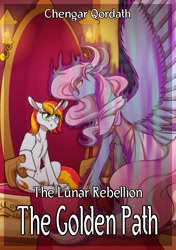 Size: 1129x1600 | Tagged: safe, artist:inuhoshi-to-darkpen, imported from derpibooru, oc, oc:sunbeam sparkle, pony, unicorn, fanfic:the lunar rebellion, winningverse, duo, fanfic, fanfic art, fanfic cover, female, mare, sitting, spirit, throne, unshorn fetlocks