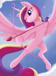 Size: 1825x2481 | Tagged: safe, artist:dusthiel, imported from derpibooru, princess cadance, alicorn, pony, arrow, bow (weapon), cloud, cupid, cupidance, cute, cutedance, female, flying, heart, heart arrow, hoof hold, mare, one eye closed, princess of love, sky, solo, wings