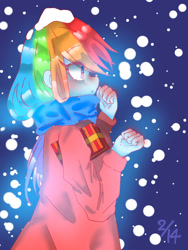 Size: 768x1024 | Tagged: safe, artist:sakurai, imported from derpibooru, rainbow dash, human, equestria girls, blushing, box, clothes, cute, dashabetes, eye clipping through hair, female, humanized, pixiv, present, profile, scarf, shirt, snow, snowfall, solo, winter