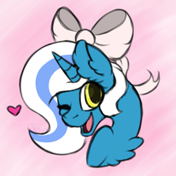 Size: 803x802 | Tagged: safe, imported from derpibooru, oc, oc:fleurbelle, alicorn, pony, adorabelle, adorable face, alicorn oc, bow, chest fluff, cute, female, hair bow, happy, heart, long eyelashes, looking at you, mare, mouth, one eye closed, pink background, pink bow, ribbon, simple background, sweet, wink, yellow eyes