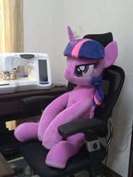 Size: 900x1200 | Tagged: safe, artist:nekokevin, imported from derpibooru, twilight sparkle, alicorn, pony, bedroom eyes, chair, female, irl, mare, photo, plushie, sewing machine, sitting, smiling, solo, twilight sparkle (alicorn)