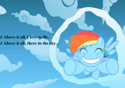 Size: 918x648 | Tagged: safe, edit, edited screencap, imported from derpibooru, screencap, rainbow dash, sonic rainboom (episode), above it all (sesame street), cropped, cute, dashabetes, female, filly, filly rainbow dash, flight camp, lyrics, sesame street, song reference, text, younger