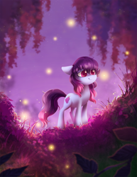 Size: 1913x2475 | Tagged: safe, artist:dawnfire, imported from derpibooru, oc, oc only, oc:share dast, firefly (insect), pony, art trade, female, mare, scenery, smiling, solo, tree