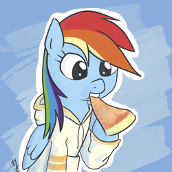 Size: 2400x2400 | Tagged: safe, artist:hardcyder, edit, imported from derpibooru, rainbow dash, pegasus, pony, clothes, eating, female, food, hoodie, pizza, solo, that pony sure does love pizza
