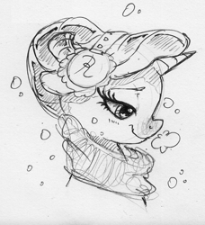 Size: 926x1014 | Tagged: safe, artist:dilarus, deleted from derpibooru, imported from derpibooru, rarity, pony, unicorn, clothes, cropped, earmuffs, female, hat, mare, monochrome, scarf, simple background, snow, snowfall, traditional art, white background