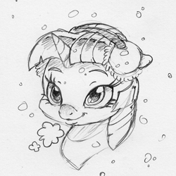 Size: 980x981 | Tagged: safe, artist:dilarus, deleted from derpibooru, imported from derpibooru, twilight sparkle, alicorn, pony, cropped, earmuffs, female, mare, monochrome, simple background, snow, snowfall, traditional art, white background