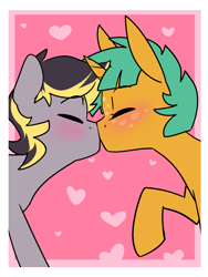 Size: 1500x2000 | Tagged: safe, artist:kryptchild, imported from derpibooru, snails, oc, oc:aero, pegasus, pony, unicorn, aeroshell, blushing, canon x oc, cute, eyes closed, gay, glitter shell, heart, holiday, kissing, male, offspring, offspring shipping, parent:derpy hooves, parent:oc:warden, parents:canon x oc, parents:warderp, pink, raised hoof, shipping, simple background, transparent background, valentine's day