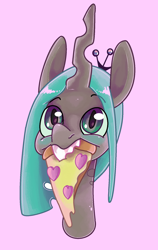 Size: 1172x1860 | Tagged: source needed, safe, artist:smirk, imported from derpibooru, queen chrysalis, changeling, changeling queen, blushing, bust, cute, cutealis, female, food, ms paint, pizza, solo