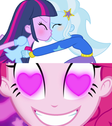 Size: 1912x2152 | Tagged: safe, artist:kog, edit, imported from derpibooru, screencap, pinkie pie, trixie, twilight sparkle, coinky-dink world, eqg summertime shorts, equestria girls, female, heart eyes, kissing, lesbian, meme, pinkie's eyes, shipping, twixie, wingding eyes