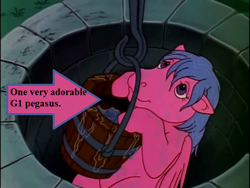 Size: 640x480 | Tagged: safe, edit, edited screencap, imported from derpibooru, screencap, firefly, pegasus, pony, rescue at midnight castle, :t, arrow, bucket, captain obvious, cute, female, floppy ears, flyabetes, g1, hanging, lidded eyes, looking up, mare, smiling, solo, text, water, well, wet, wet mane