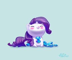 Size: 1378x1146 | Tagged: safe, artist:holivi, imported from derpibooru, rarity, pony, unicorn, blue background, blushing, chibi, cute, eyes closed, female, gem, mare, raribetes, simple background, solo, weapons-grade cute