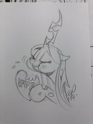 Size: 1536x2048 | Tagged: safe, artist:andypriceart, imported from derpibooru, queen chrysalis, changeling, changeling queen, black and white, changeling feeding, eating, eyes closed, female, grayscale, heart, hearts and hooves day, holiday, monochrome, solo, traditional art, valentine's day