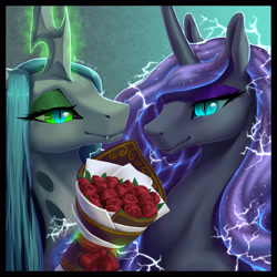 Size: 3081x3081 | Tagged: safe, artist:begasus, imported from derpibooru, nightmare moon, queen chrysalis, pony, bouquet, chrysmoon, female, flower, holiday, lesbian, mare, rose, shipping, slit eyes, slit pupils, smiling, valentine's day