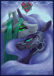 Size: 2580x3607 | Tagged: safe, artist:begasus, imported from derpibooru, nightmare moon, queen chrysalis, alicorn, changeling, changeling queen, pony, bedroom eyes, bust, chrysmoon, cute, cutealis, ethereal mane, eyeshadow, featured image, female, floppy ears, fluffy, grin, jewelry, lesbian, makeup, moonabetes, sexy, shipping, slit eyes, slit pupils, smiling, starry mane
