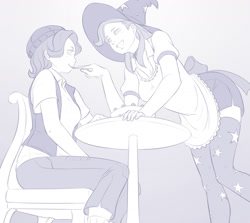 Size: 1400x1250 | Tagged: safe, artist:ninjaham, imported from derpibooru, starlight glimmer, trixie, human, equestria girls, apron, cake, clothes, feeding, female, food, hat, humanized, lesbian, monochrome, shipping, simple background, smiling, startrix, stockings, thigh highs, trixie's hat, white background
