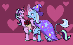 Size: 1280x783 | Tagged: safe, artist:greatveiledbear, imported from derpibooru, starlight glimmer, trixie, classical unicorn, pony, unicorn, blushing, bouquet, cloven hooves, female, flower, heart, holiday, leonine tail, lesbian, looking at each other, rose, shipping, startrix, unshorn fetlocks, valentine's day