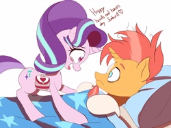 Size: 3264x2448 | Tagged: safe, artist:velcius, imported from derpibooru, starlight glimmer, sunburst, pony, unicorn, bed, blushing, dialogue, duo, female, heart eyes, hearts and hooves day, holiday, male, saddle bag, shipping, starburst, startled, straight, valentine's day, wingding eyes