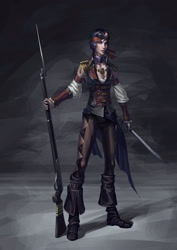 Size: 2059x2912 | Tagged: dead source, safe, imported from derpibooru, rainbow dash, human, bayonet, boots, breasts, cleavage, clothes, epaulettes, female, gray background, gun, high heel boots, humanized, rifle, rubber boots, saber, shoes, simple background, smiling, solo, sword, weapon, wing ears, woman