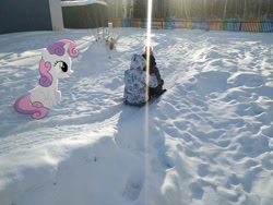 Size: 4000x3000 | Tagged: safe, artist:albertuha, imported from derpibooru, sweetie belle, pony, unicorn, child, female, irl, mare, photo, ponies in real life, sitting, smiling, snow, solo, winter