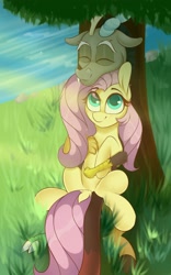 Size: 1772x2835 | Tagged: safe, artist:php97, imported from derpibooru, discord, fluttershy, draconequus, pegasus, pony, cute, discoshy, discute, eyes closed, female, grass, male, mare, shipping, shyabetes, smiling, straight, tree, water