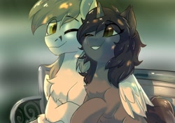 Size: 1700x1200 | Tagged: safe, artist:colorfulcolor233, artist:oofycolorful, imported from derpibooru, oc, oc only, oc:kate, oc:kej, pegasus, pony, unicorn, chest fluff, female, hug, k+k, male, mare, one eye closed, shipping, signature, smiling, stallion, straight, winghug, wink